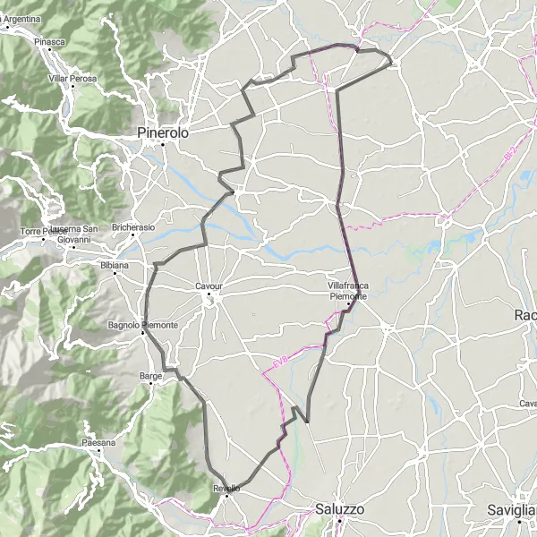 Miniaturní mapa "Cyklotrasa kolem Garzigliany" inspirace pro cyklisty v oblasti Piemonte, Italy. Vytvořeno pomocí plánovače tras Tarmacs.app