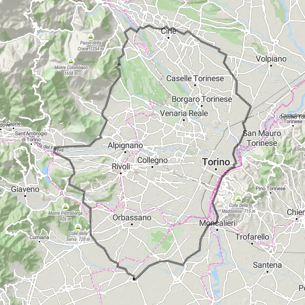 Miniaturekort af cykelinspirationen "Landevejscykling fra None via Sangano, Buttigliera Alta til Monte Calvo" i Piemonte, Italy. Genereret af Tarmacs.app cykelruteplanlægger