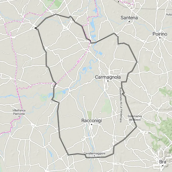 Miniatua del mapa de inspiración ciclista "Ruta de ciclismo de carretera a Carignano" en Piemonte, Italy. Generado por Tarmacs.app planificador de rutas ciclistas