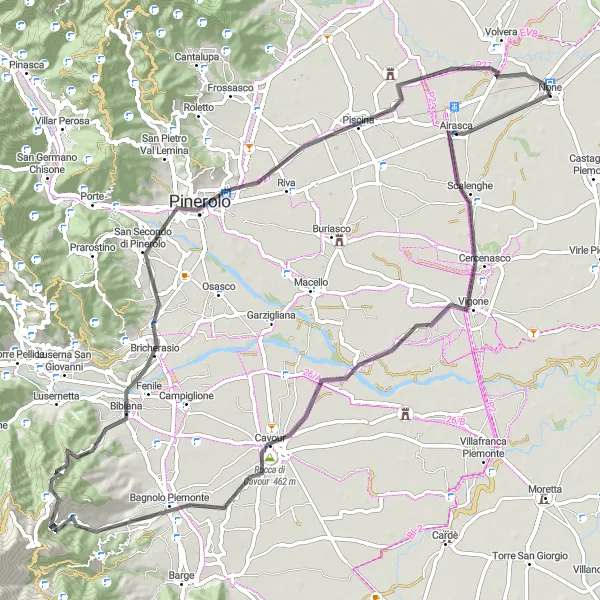 Miniatura della mappa di ispirazione al ciclismo "Esplorazione tra Vigone e None" nella regione di Piemonte, Italy. Generata da Tarmacs.app, pianificatore di rotte ciclistiche