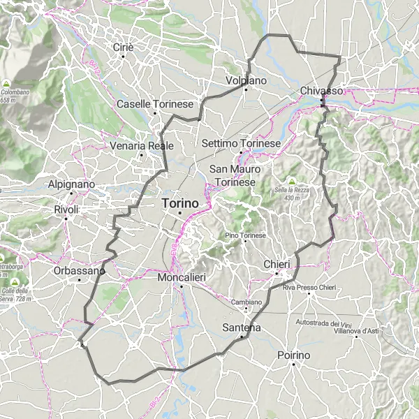 Kartminiatyr av "Rundtur till Castagnole Piemonte" cykelinspiration i Piemonte, Italy. Genererad av Tarmacs.app cykelruttplanerare