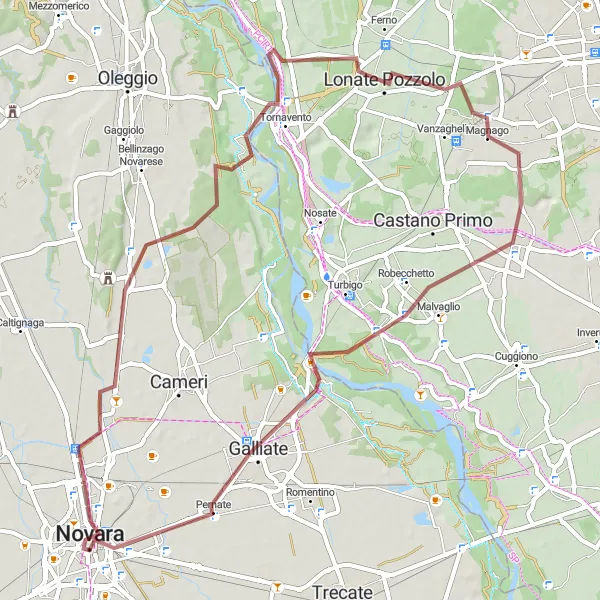 Mapa miniatúra "Gravelové dobrodružstvo okolo Novary" cyklistická inšpirácia v Piemonte, Italy. Vygenerované cyklistickým plánovačom trás Tarmacs.app