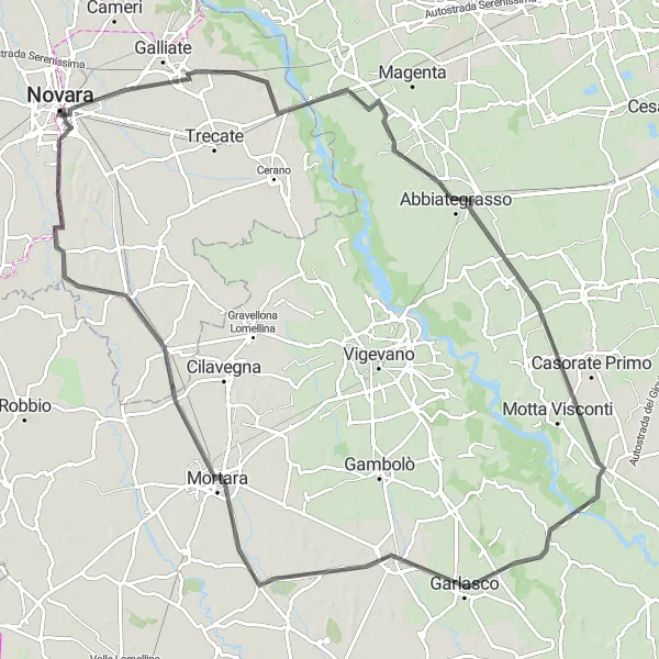 Miniaturní mapa "Okružní cyklistická trasa od Novary" inspirace pro cyklisty v oblasti Piemonte, Italy. Vytvořeno pomocí plánovače tras Tarmacs.app
