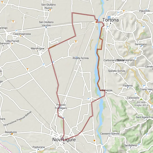 Miniatua del mapa de inspiración ciclista "Ruta de Grava a Pozzolo Formigaro" en Piemonte, Italy. Generado por Tarmacs.app planificador de rutas ciclistas