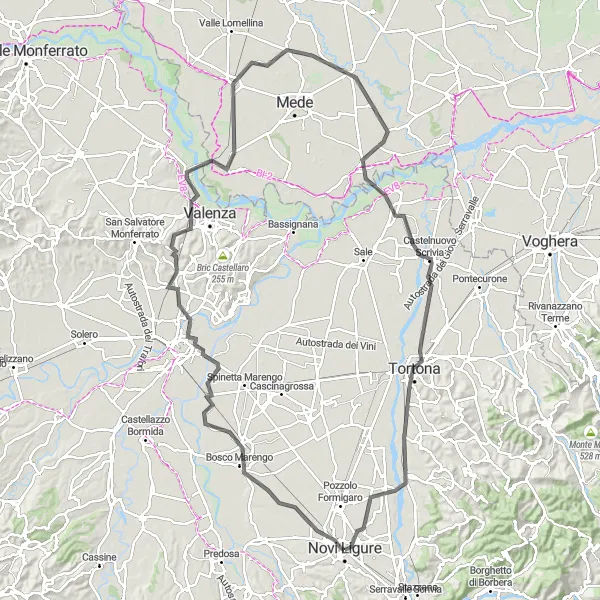 Map miniature of "Scenic Road Cycling Route from Novi Ligure" cycling inspiration in Piemonte, Italy. Generated by Tarmacs.app cycling route planner