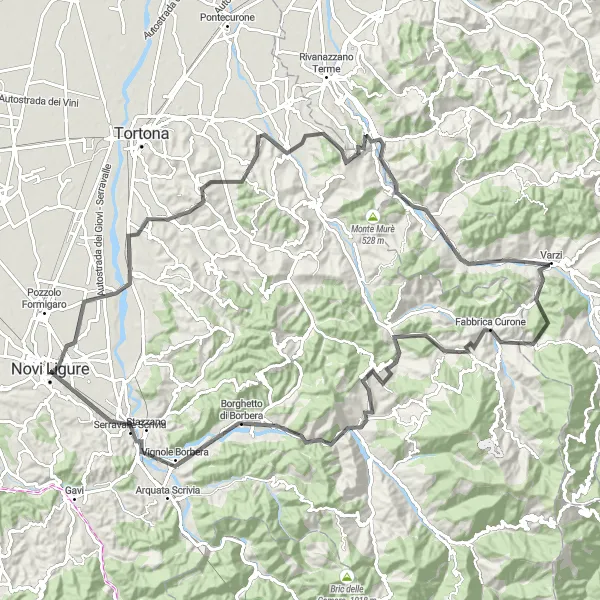 Kartminiatyr av "Monte Grande av Novi Ligure" cykelinspiration i Piemonte, Italy. Genererad av Tarmacs.app cykelruttplanerare