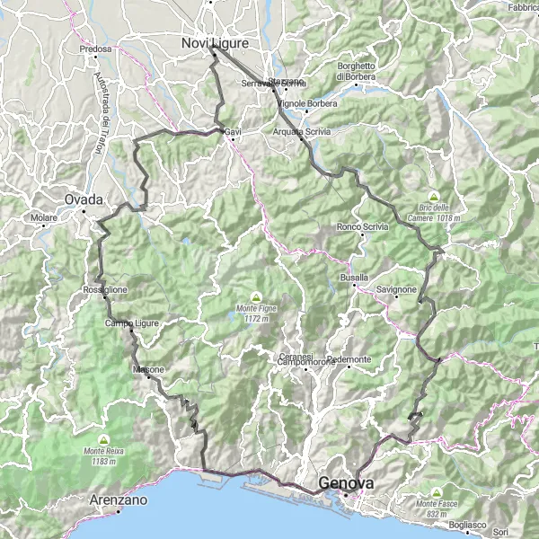 Zemljevid v pomanjšavi "Cestna panoramska tura od Novi Ligure do Genoe" kolesarske inspiracije v Piemonte, Italy. Generirano z načrtovalcem kolesarskih poti Tarmacs.app