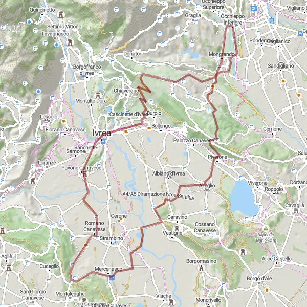 Map miniature of "Exploring Canavese Gravel" cycling inspiration in Piemonte, Italy. Generated by Tarmacs.app cycling route planner