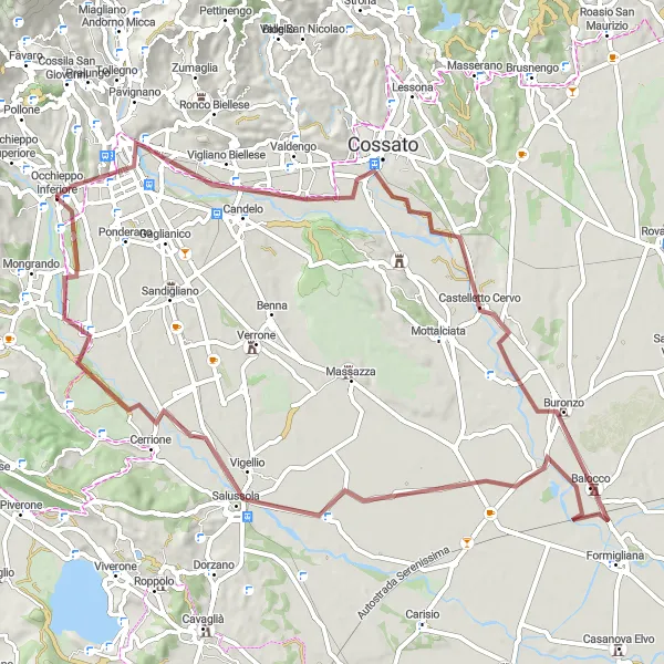 Zemljevid v pomanjšavi "Gravel pot Biella - Borriana" kolesarske inspiracije v Piemonte, Italy. Generirano z načrtovalcem kolesarskih poti Tarmacs.app