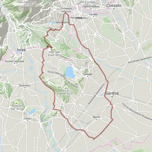 Map miniature of "The Livorno Ferraris and Moncrivello Gravel Loop" cycling inspiration in Piemonte, Italy. Generated by Tarmacs.app cycling route planner