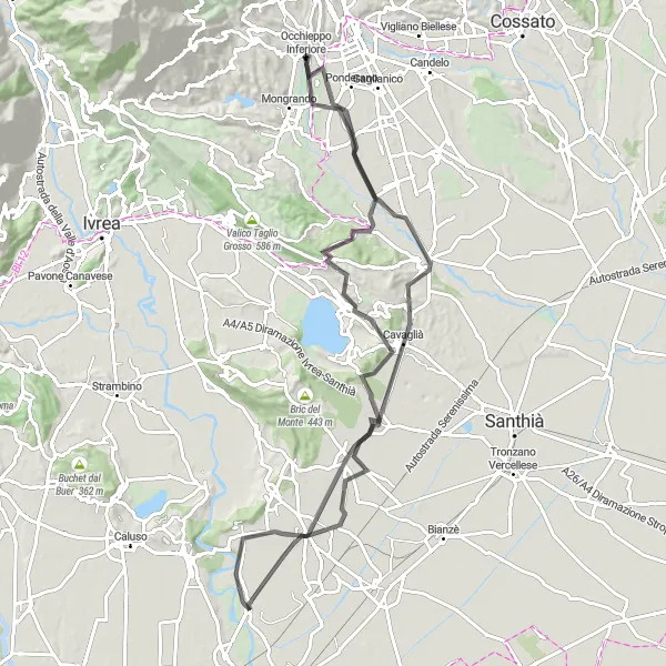 Miniatua del mapa de inspiración ciclista "Ruta de Ciclismo de Carretera desde Occhieppo Inferiore" en Piemonte, Italy. Generado por Tarmacs.app planificador de rutas ciclistas