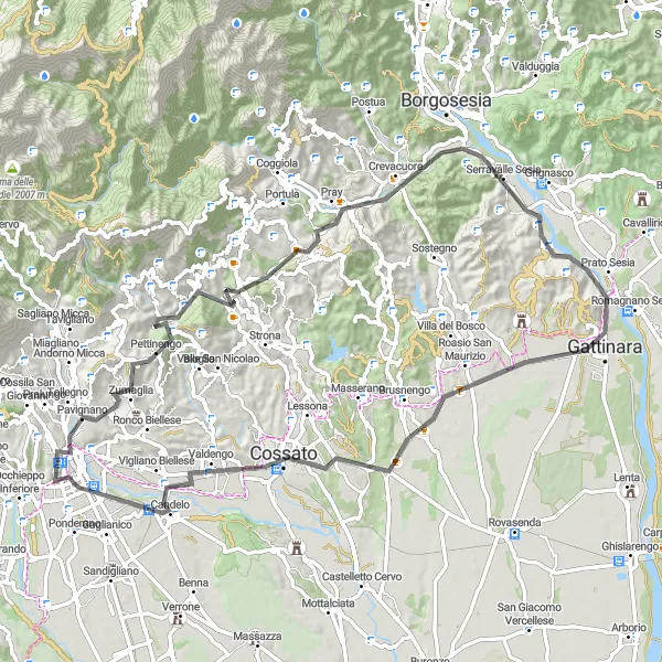 Miniatua del mapa de inspiración ciclista "Desafío en Carretera hacia Candelo y Gattinara" en Piemonte, Italy. Generado por Tarmacs.app planificador de rutas ciclistas
