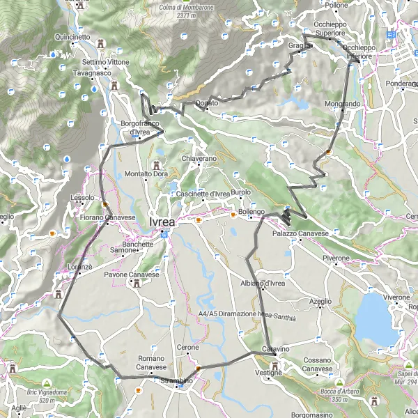 Miniature de la carte de l'inspiration cycliste "Défi alpin à travers les vallées de Piémont" dans la Piemonte, Italy. Générée par le planificateur d'itinéraire cycliste Tarmacs.app