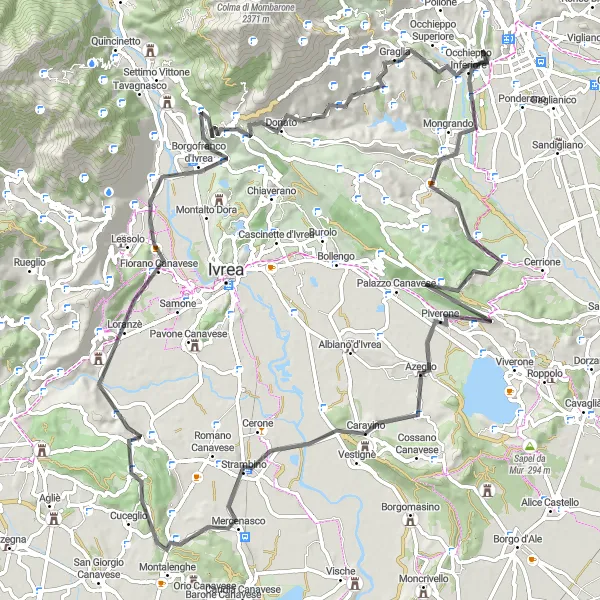 Map miniature of "From Occhieppo to Mercenasco" cycling inspiration in Piemonte, Italy. Generated by Tarmacs.app cycling route planner