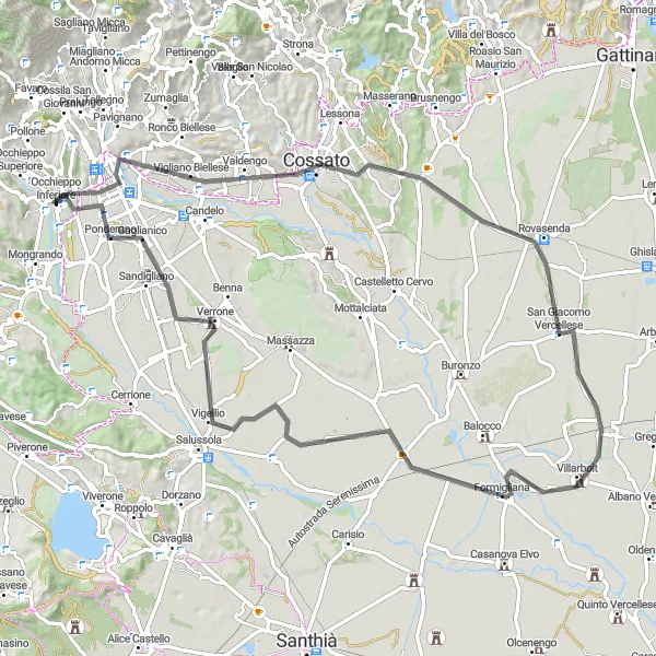 Zemljevid v pomanjšavi "Kolesarska pot Biella - Sandigliano" kolesarske inspiracije v Piemonte, Italy. Generirano z načrtovalcem kolesarskih poti Tarmacs.app