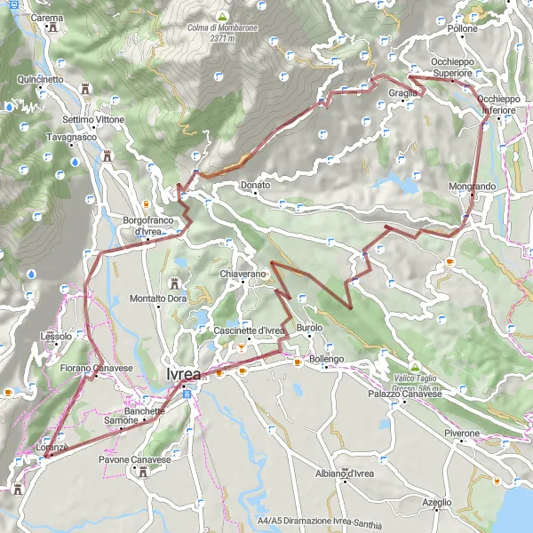 Miniature de la carte de l'inspiration cycliste "Le circuit de 67 km à travers les sentiers de gravel proche d'Occhieppo Superiore" dans la Piemonte, Italy. Générée par le planificateur d'itinéraire cycliste Tarmacs.app