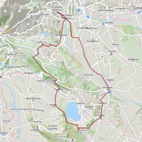 Miniature de la carte de l'inspiration cycliste "Le Sentier de Gravier autour d'Occhieppo" dans la Piemonte, Italy. Générée par le planificateur d'itinéraire cycliste Tarmacs.app