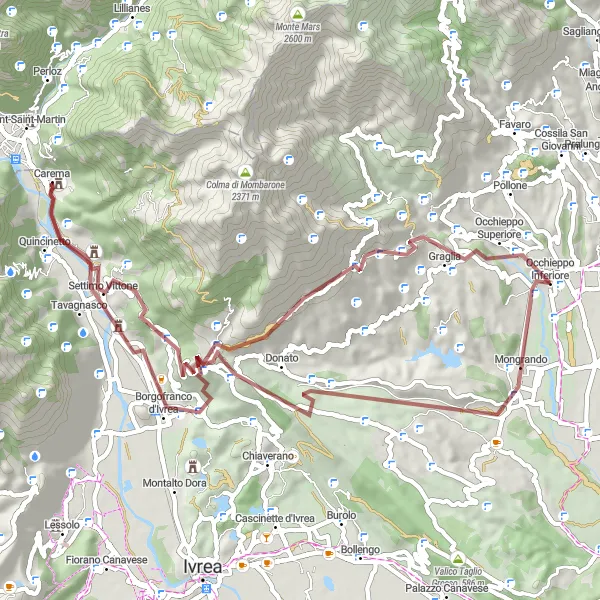 Kartminiatyr av "Grusväg till Graglia via Montestrutto" cykelinspiration i Piemonte, Italy. Genererad av Tarmacs.app cykelruttplanerare
