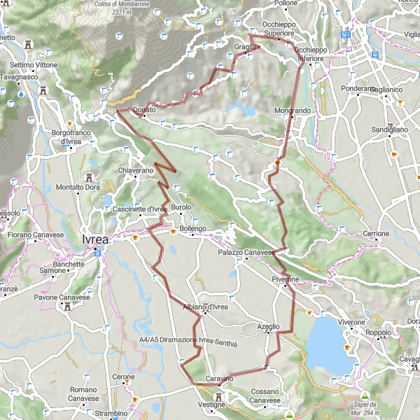 Miniature de la carte de l'inspiration cycliste "Parcours de gravel de 68 km à proximité d'Occhieppo Superiore" dans la Piemonte, Italy. Générée par le planificateur d'itinéraire cycliste Tarmacs.app