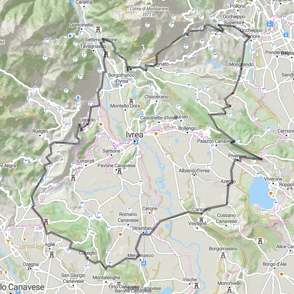 Miniatua del mapa de inspiración ciclista "Ruta alrededor de Occhieppo Superiore" en Piemonte, Italy. Generado por Tarmacs.app planificador de rutas ciclistas