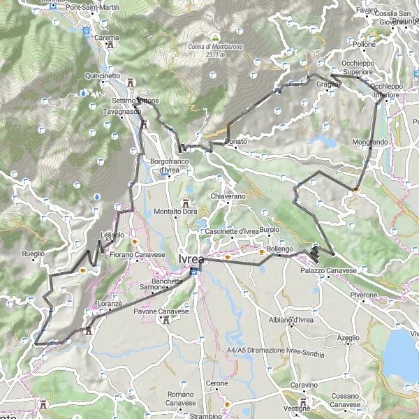 Miniature de la carte de l'inspiration cycliste "La boucle de 94 km autour d'Occhieppo Superiore" dans la Piemonte, Italy. Générée par le planificateur d'itinéraire cycliste Tarmacs.app