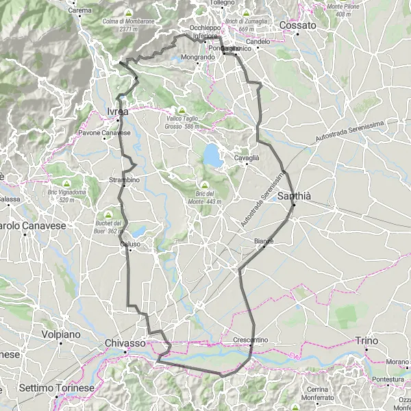 Miniaturní mapa "Okruh na kole z Occhieppo Superiore: Road" inspirace pro cyklisty v oblasti Piemonte, Italy. Vytvořeno pomocí plánovače tras Tarmacs.app