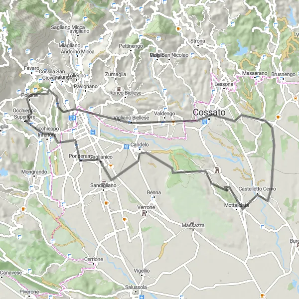 Miniaturní mapa "Cyklistická trasa Belvedere Croce - Candelo" inspirace pro cyklisty v oblasti Piemonte, Italy. Vytvořeno pomocí plánovače tras Tarmacs.app