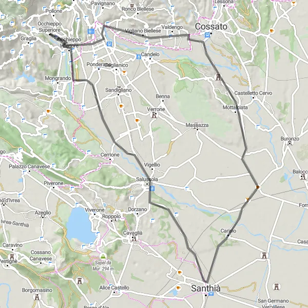 Miniaturní mapa "Cyklistická trasa Biella - Santhià" inspirace pro cyklisty v oblasti Piemonte, Italy. Vytvořeno pomocí plánovače tras Tarmacs.app