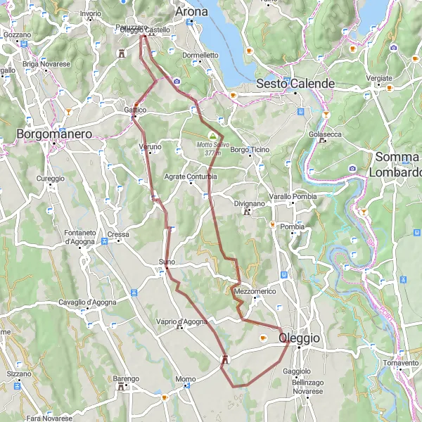 Miniatuurkaart van de fietsinspiratie "Gravelroute rond Oleggio Castello" in Piemonte, Italy. Gemaakt door de Tarmacs.app fietsrouteplanner