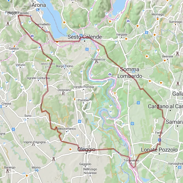 Miniatura della mappa di ispirazione al ciclismo "Giro in bicicletta da Oleggio Castello" nella regione di Piemonte, Italy. Generata da Tarmacs.app, pianificatore di rotte ciclistiche