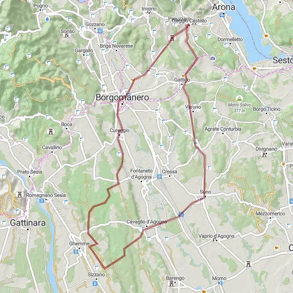 Map miniature of "Gravel ride around Oleggio Castello" cycling inspiration in Piemonte, Italy. Generated by Tarmacs.app cycling route planner