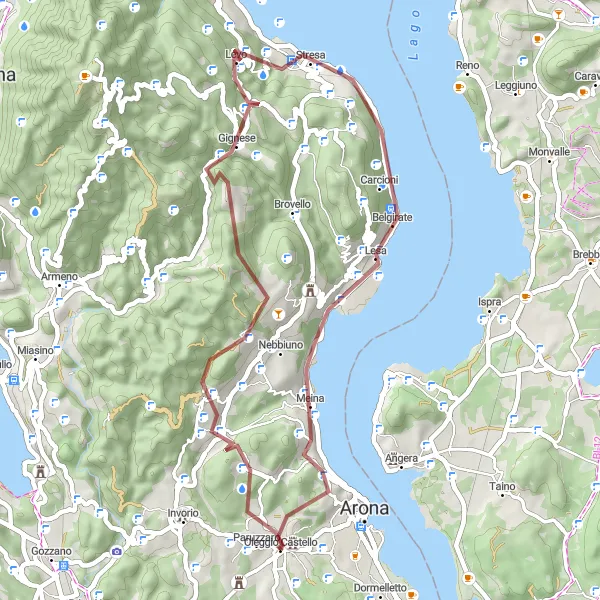 Map miniature of "Gravel Adventure with Stunning Views near Oleggio Castello" cycling inspiration in Piemonte, Italy. Generated by Tarmacs.app cycling route planner