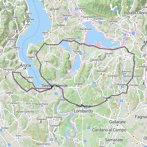 Map miniature of "Scenic road cycling loop from Oleggio Castello" cycling inspiration in Piemonte, Italy. Generated by Tarmacs.app cycling route planner