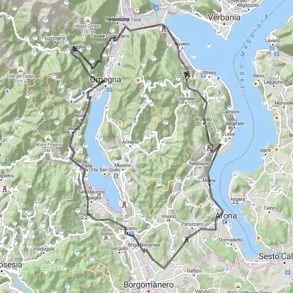 Miniatua del mapa de inspiración ciclista "Ruta de ciclismo de carretera por Oleggio Castello" en Piemonte, Italy. Generado por Tarmacs.app planificador de rutas ciclistas