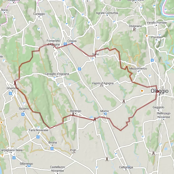Kartminiatyr av "Grusvei tur til Barengo og Fontaneto d'Agogna" sykkelinspirasjon i Piemonte, Italy. Generert av Tarmacs.app sykkelrutoplanlegger
