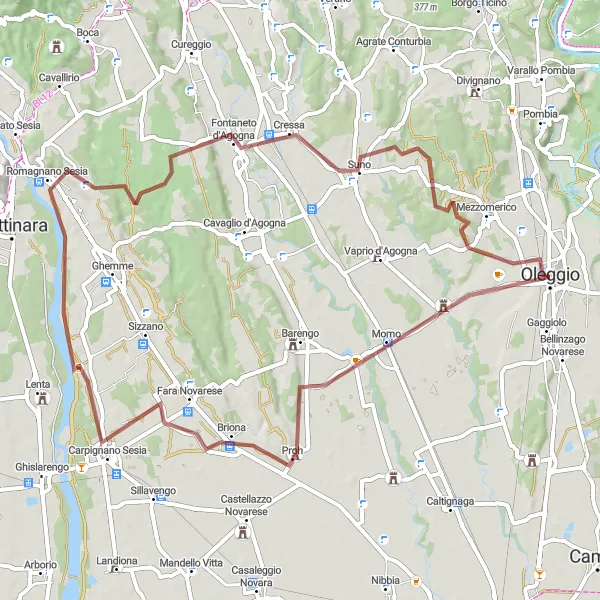 Miniatura della mappa di ispirazione al ciclismo "Avventura in Gravel tra Oleggio e Suno" nella regione di Piemonte, Italy. Generata da Tarmacs.app, pianificatore di rotte ciclistiche