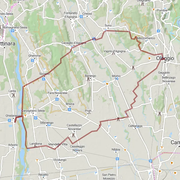 Mapa miniatúra "Gravelová trasa cez Sologno a Cavaglio d'Agogna" cyklistická inšpirácia v Piemonte, Italy. Vygenerované cyklistickým plánovačom trás Tarmacs.app