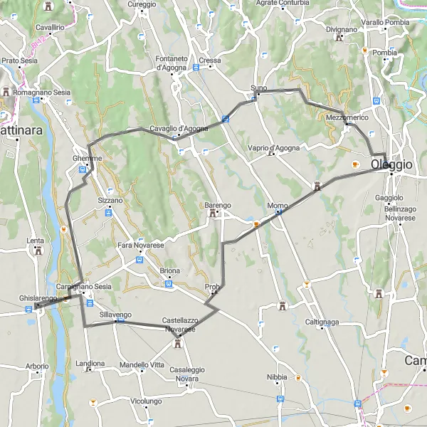 Miniatura della mappa di ispirazione al ciclismo "Percorso Panoramico in Bicicletta da Oleggio a Ghislarengo" nella regione di Piemonte, Italy. Generata da Tarmacs.app, pianificatore di rotte ciclistiche
