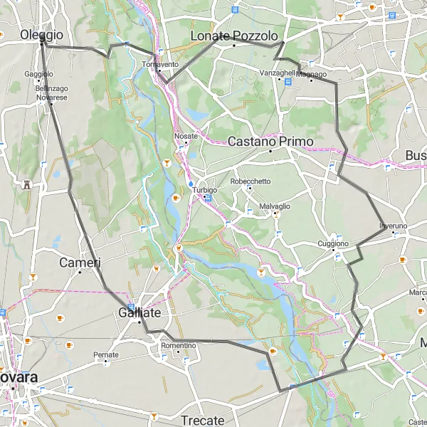 Miniatua del mapa de inspiración ciclista "Recorrido a Galliate y Oleggio" en Piemonte, Italy. Generado por Tarmacs.app planificador de rutas ciclistas
