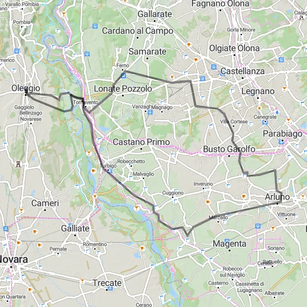 Miniatura della mappa di ispirazione al ciclismo "Avventura ciclistica da Tornavento a Oleggio" nella regione di Piemonte, Italy. Generata da Tarmacs.app, pianificatore di rotte ciclistiche