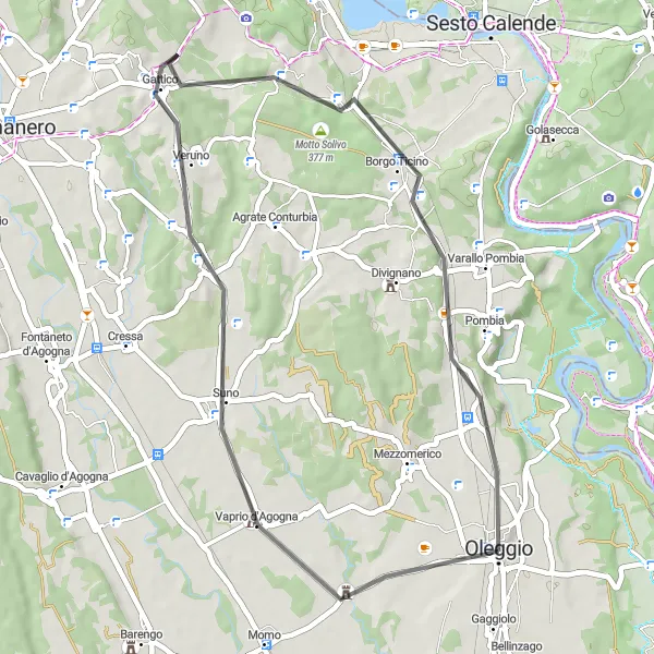 Zemljevid v pomanjšavi "Kolesarska pot okoli Oleggija" kolesarske inspiracije v Piemonte, Italy. Generirano z načrtovalcem kolesarskih poti Tarmacs.app