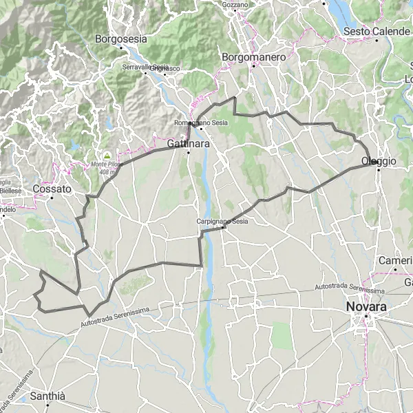 Mapa miniatúra "Okruh pre cestné bicykle cez Ghislarengo a Fontaneto d'Agogna" cyklistická inšpirácia v Piemonte, Italy. Vygenerované cyklistickým plánovačom trás Tarmacs.app