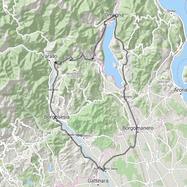 Karttaminiaatyyri "Järviä ja vuoria" pyöräilyinspiraatiosta alueella Piemonte, Italy. Luotu Tarmacs.app pyöräilyreittisuunnittelijalla