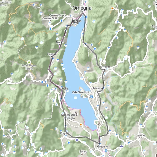 Miniatura della mappa di ispirazione al ciclismo "Giro in bici da Omegna ad Omegna attraverso Ameno, Gozzano e Colle della Guardia" nella regione di Piemonte, Italy. Generata da Tarmacs.app, pianificatore di rotte ciclistiche