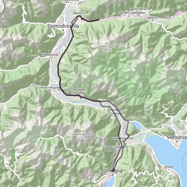 Map miniature of "The Lakes and Hills of Omegna" cycling inspiration in Piemonte, Italy. Generated by Tarmacs.app cycling route planner