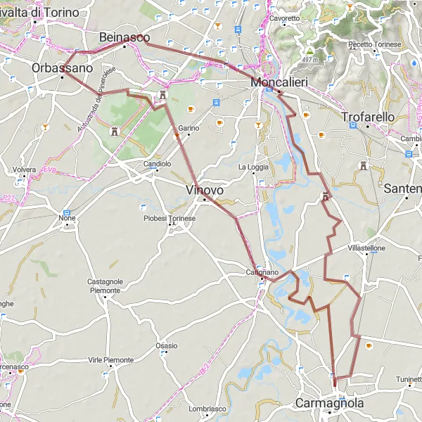 Miniatua del mapa de inspiración ciclista "Ruta por Caminos de Grava a través de Vinovo y Moncalieri" en Piemonte, Italy. Generado por Tarmacs.app planificador de rutas ciclistas