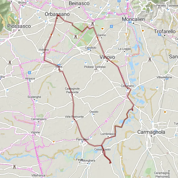 Miniatua del mapa de inspiración ciclista "Ruta de Orbassano a Carignano y Volvera" en Piemonte, Italy. Generado por Tarmacs.app planificador de rutas ciclistas