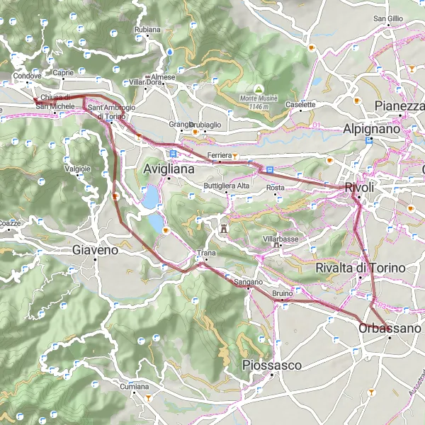 Karttaminiaatyyri "Reitti kohti Monte Pirchirianoa" pyöräilyinspiraatiosta alueella Piemonte, Italy. Luotu Tarmacs.app pyöräilyreittisuunnittelijalla