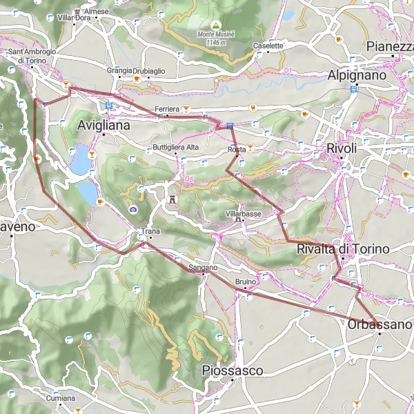 Karttaminiaatyyri "Sangano - Rivalta di Torino: Vuoriston lumoissa" pyöräilyinspiraatiosta alueella Piemonte, Italy. Luotu Tarmacs.app pyöräilyreittisuunnittelijalla