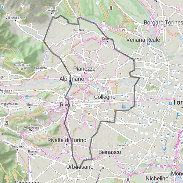 Map miniature of "Rivalta di Torino Road Loop" cycling inspiration in Piemonte, Italy. Generated by Tarmacs.app cycling route planner